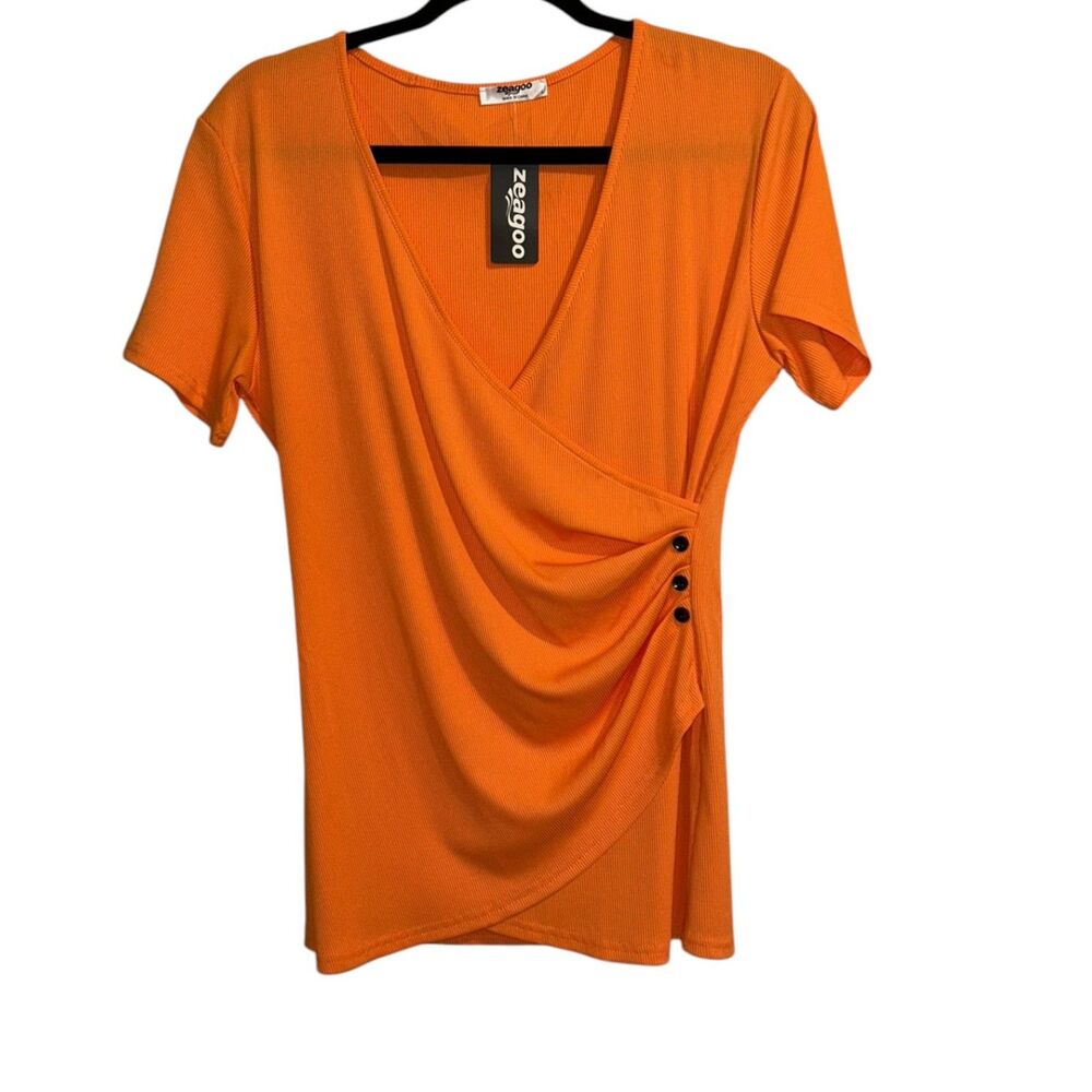 Zeagoo Orange Wrap Top Large Ruched V Neck Blouse Casual Chic Top